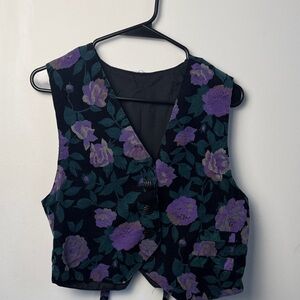 Vintage Black Floral Button-Front Women's Vest with Purple Roses